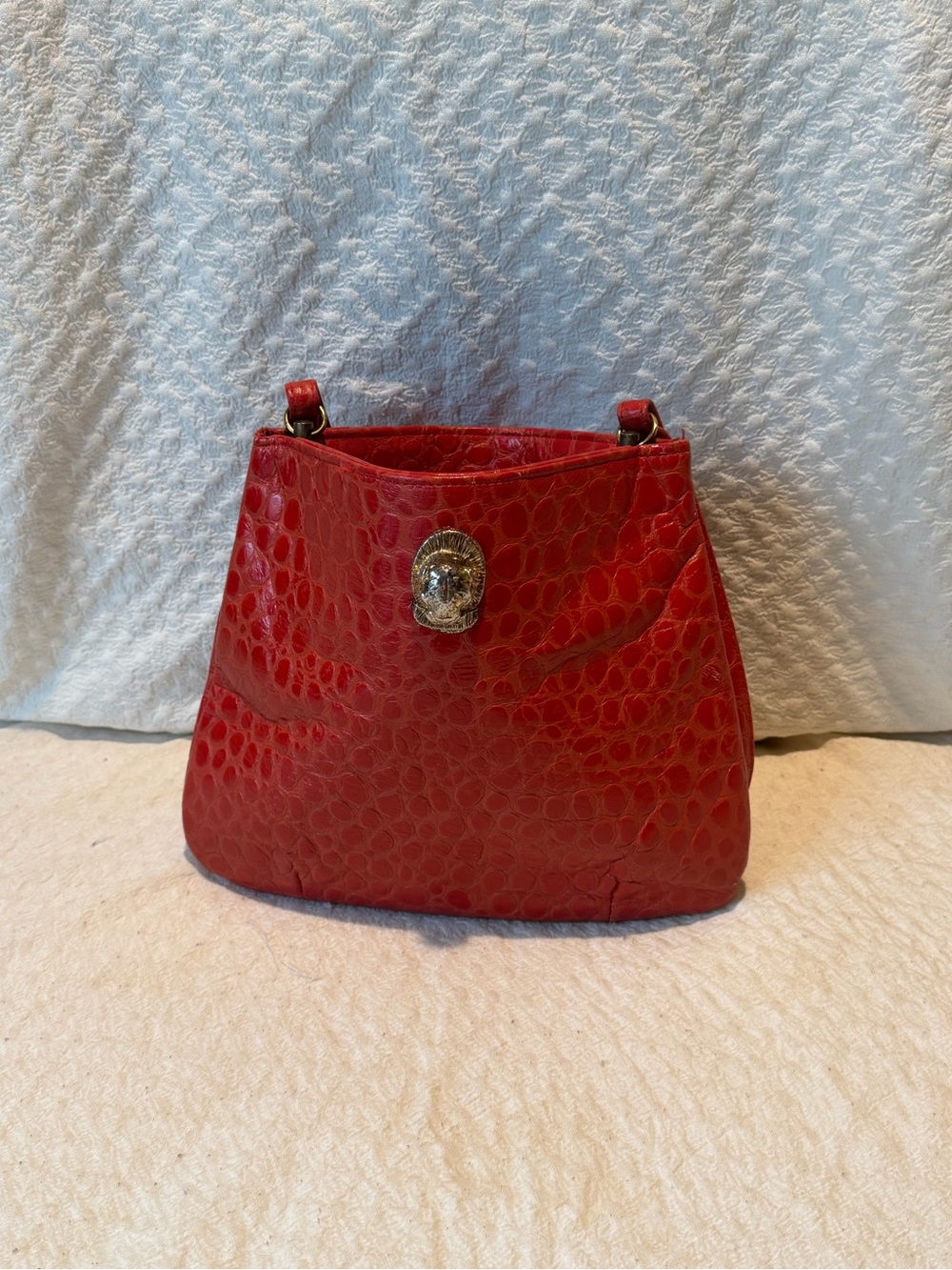 Ruth Saltz Red Croc-Embossed Shoulder Bag with Gold Cougar Accent